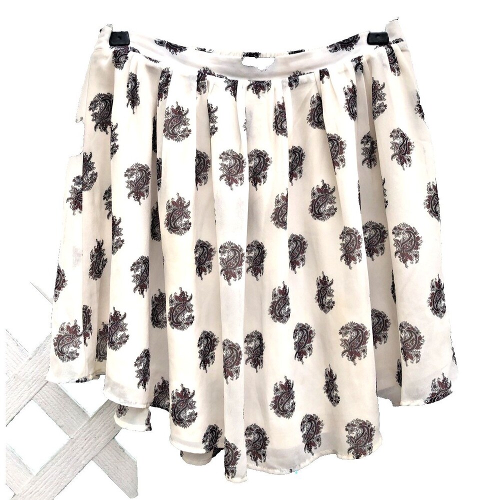 H&M Short Skirt S Beige Paisley Print Burgundy & Gray Pleated Lined